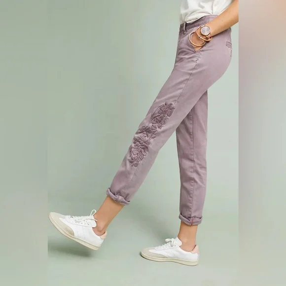 Anthropologie Relaxed Embroidered Chino Trousers in Lilac Size 25 - Picture 2 of 6